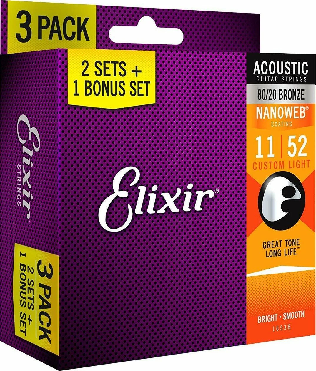 Imagem de 3 Pack Jogo Cordas para Guitarra Acústica Elixir .011 80/20 Bronze 16538