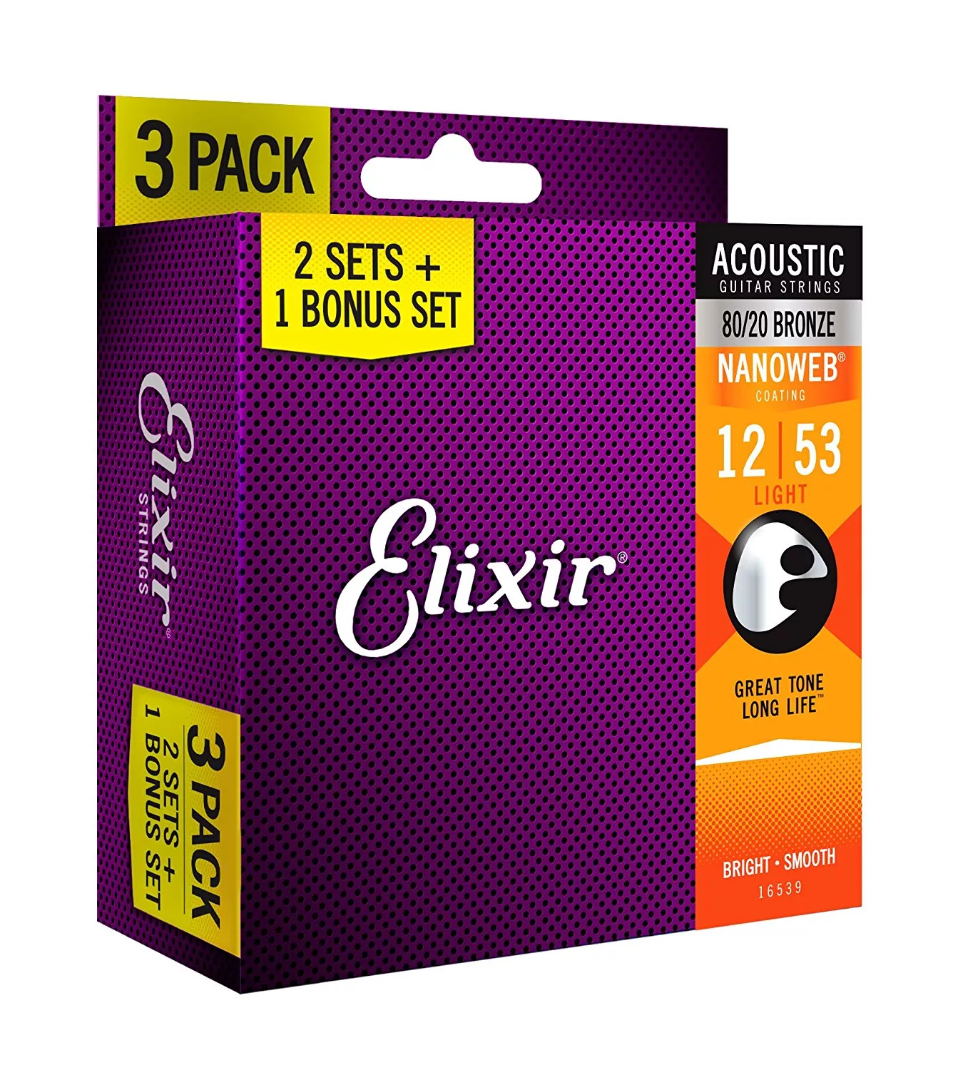 Imagem de 3 Pack Jogo Cordas para Guitarra Acústica Elixir .012 80/20 Bronze 16539