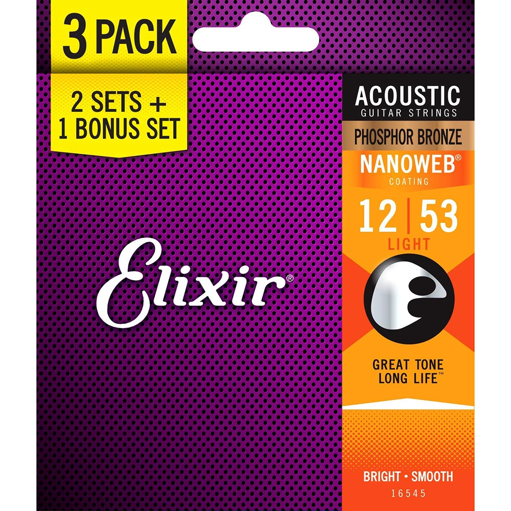 Imagem de 3 Pack Jogo Cordas para Guitarra Acústica Elixir .012 Phosphor Bronze 16545