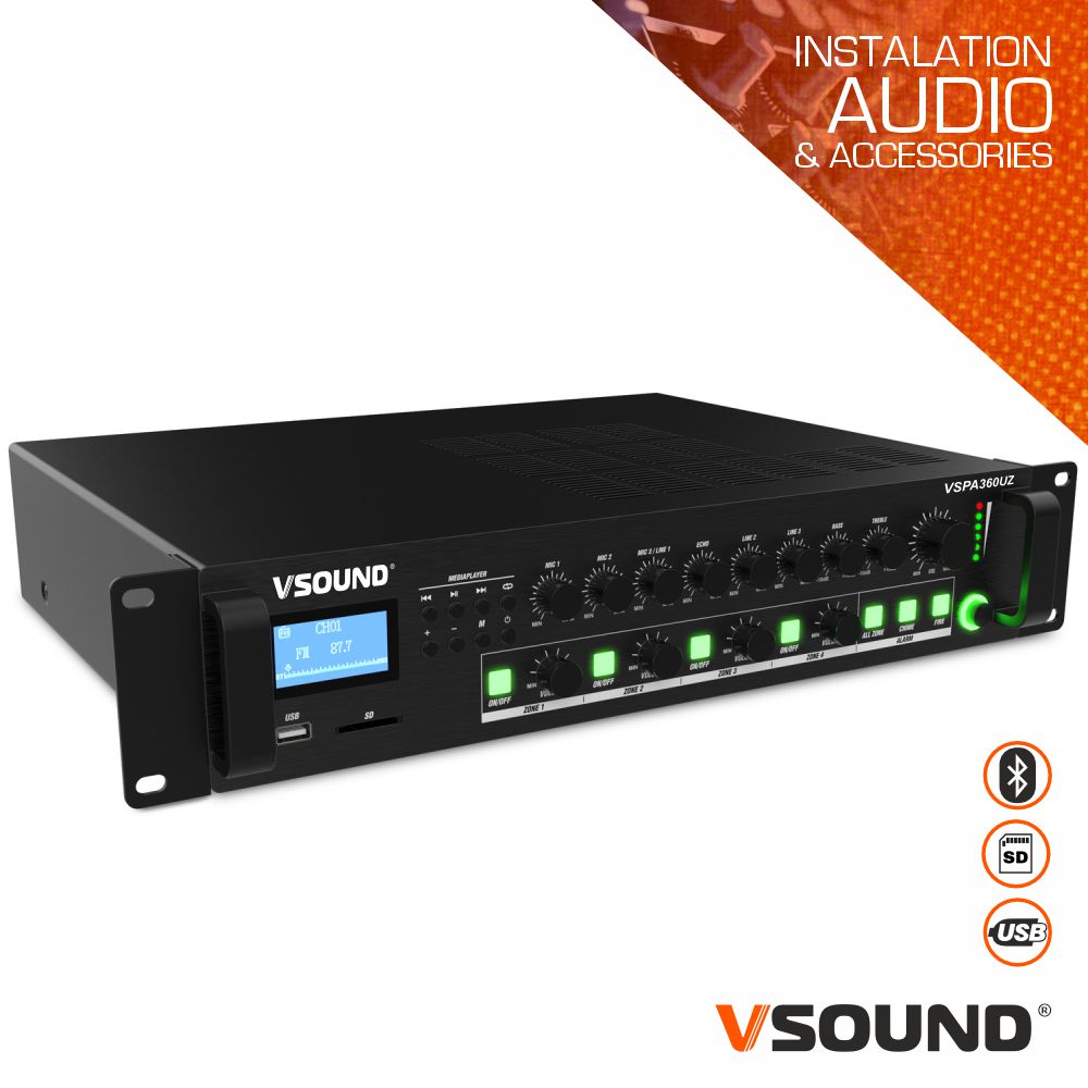 Imagem de Amplificador VSound VSPA360UZ 4 Zonas 360W MP3/USB/SD/BT